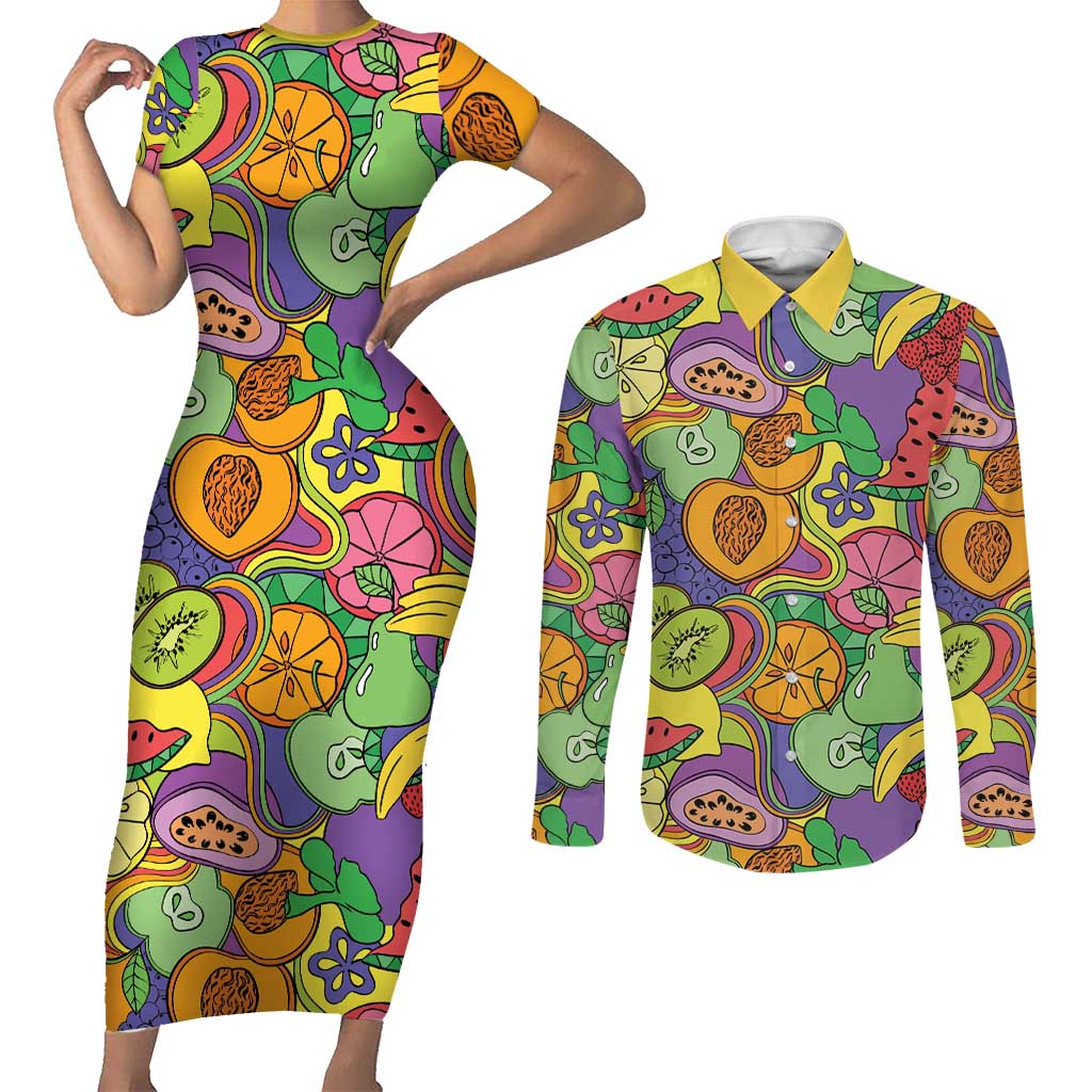 Hawaii Fruits Hippie Style Couples Matching Short Sleeve Bodycon Dress and Long Sleeve Button Shirt Vibrant Colorful