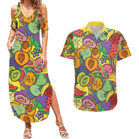 Hawaii Fruits Hippie Style Couples Matching Summer Maxi Dress and Hawaiian Shirt Vibrant Colorful