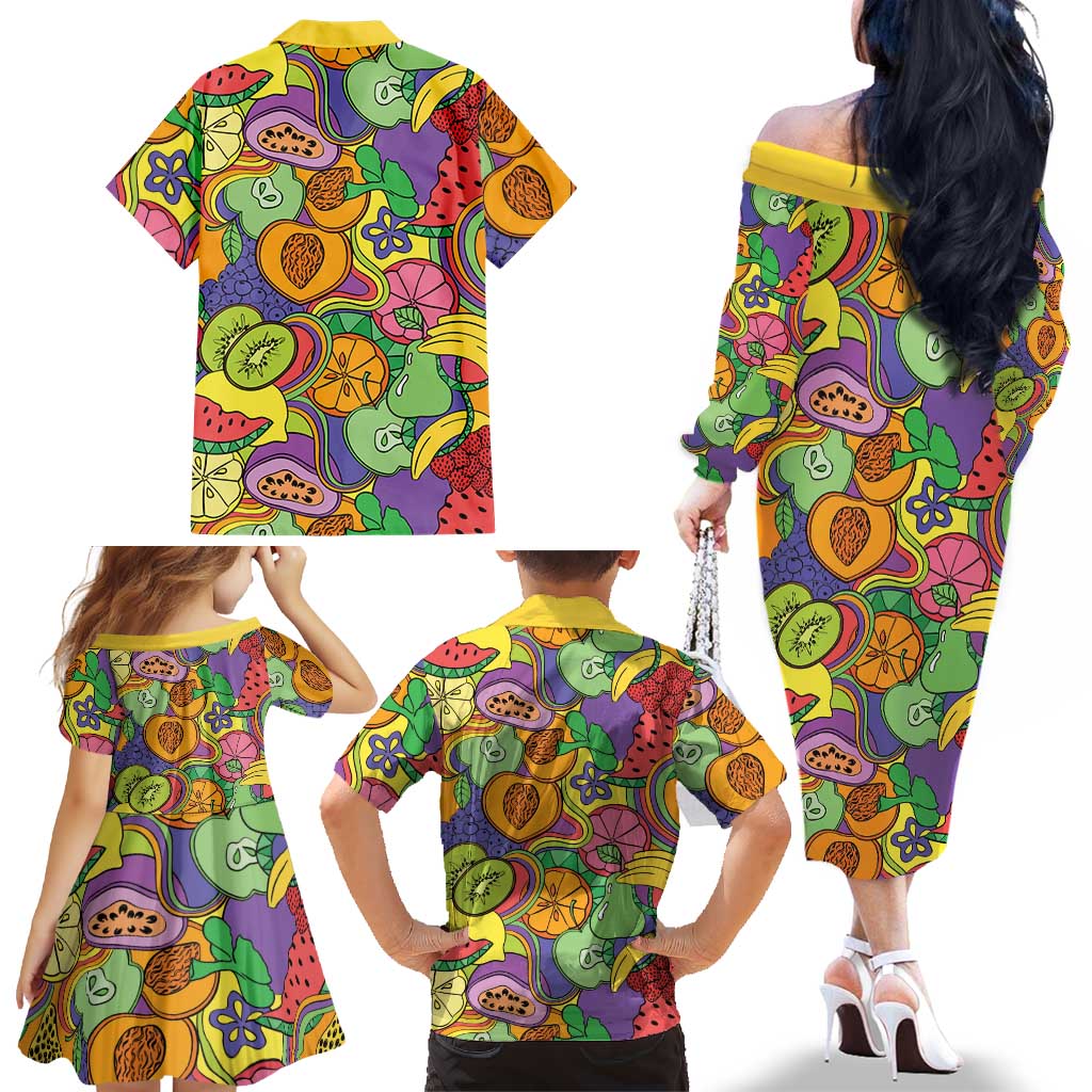 Hawaii Fruits Hippie Style Family Matching Off The Shoulder Long Sleeve Dress and Hawaiian Shirt Vibrant Colorful LT01 - Polynesian Pride