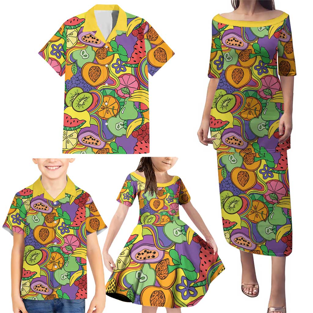 Hawaii Fruits Hippie Style Family Matching Puletasi and Hawaiian Shirt Vibrant Colorful