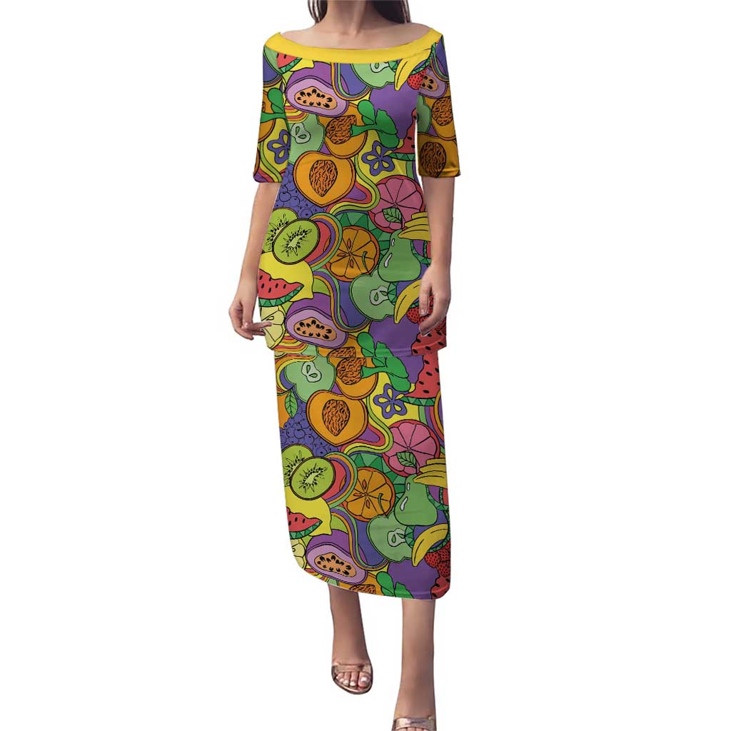 Hawaii Fruits Hippie Style Family Matching Puletasi and Hawaiian Shirt Vibrant Colorful LT01 Mom's Dress Multicolor - Polynesian Pride