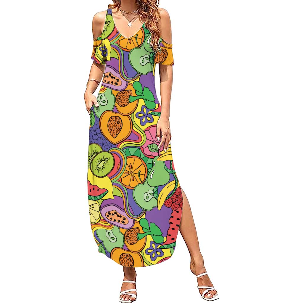 Hawaii Fruits Hippie Style Family Matching Summer Maxi Dress and Hawaiian Shirt Vibrant Colorful LT01 Mom's Dress Multicolor - Polynesian Pride
