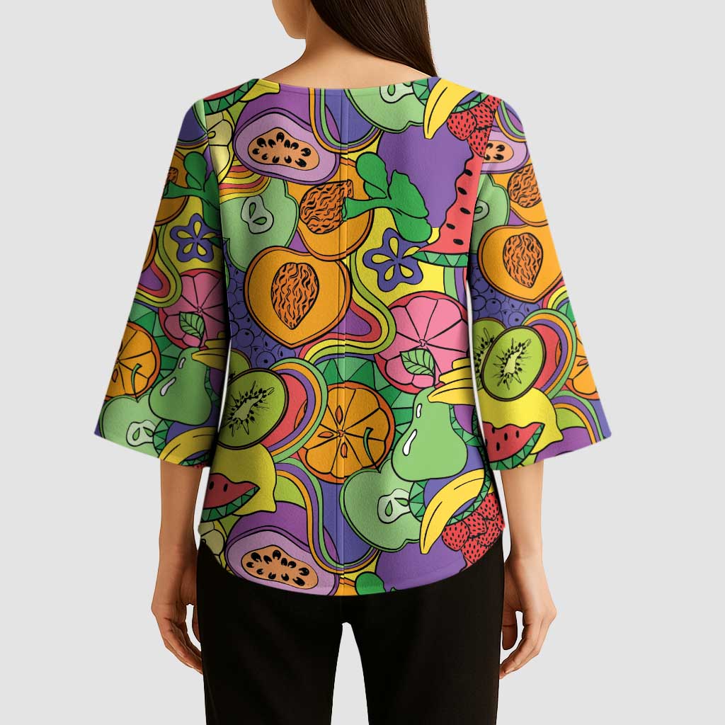 Hawaii Fruits Hippie Style Kimono Sleeve Blouse Vibrant Colorful