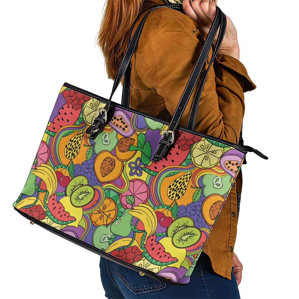 Hawaii Fruits Hippie Style Leather Tote Bag Vibrant Colorful