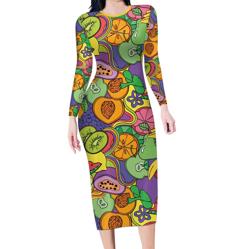 Hawaii Fruits Hippie Style Long Sleeve Bodycon Dress Vibrant Colorful