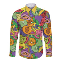 Hawaii Fruits Hippie Style Long Sleeve Button Shirt Vibrant Colorful