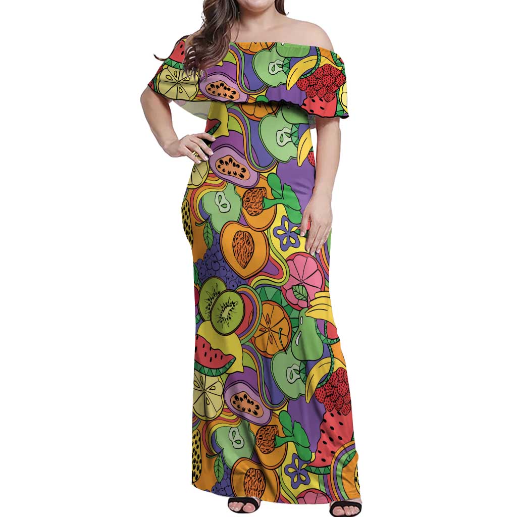 Hawaii Fruits Hippie Style Off Shoulder Maxi Dress Vibrant Colorful