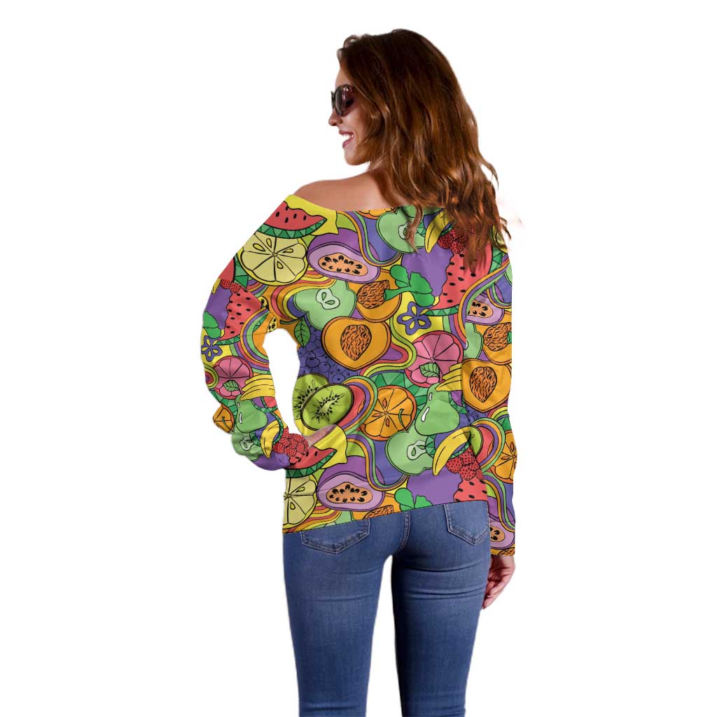 Hawaii Fruits Hippie Style Off Shoulder Sweater Vibrant Colorful