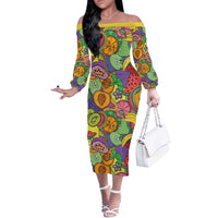 Hawaii Fruits Hippie Style Off The Shoulder Long Sleeve Dress Vibrant Colorful
