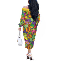 Hawaii Fruits Hippie Style Off The Shoulder Long Sleeve Dress Vibrant Colorful