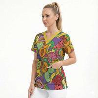 Hawaii Fruits Hippie Style Scrub Top Vibrant Colorful