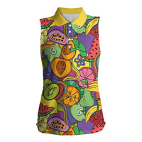 Hawaii Fruits Hippie Style Women Sleeveless Polo Shirt Vibrant Colorful