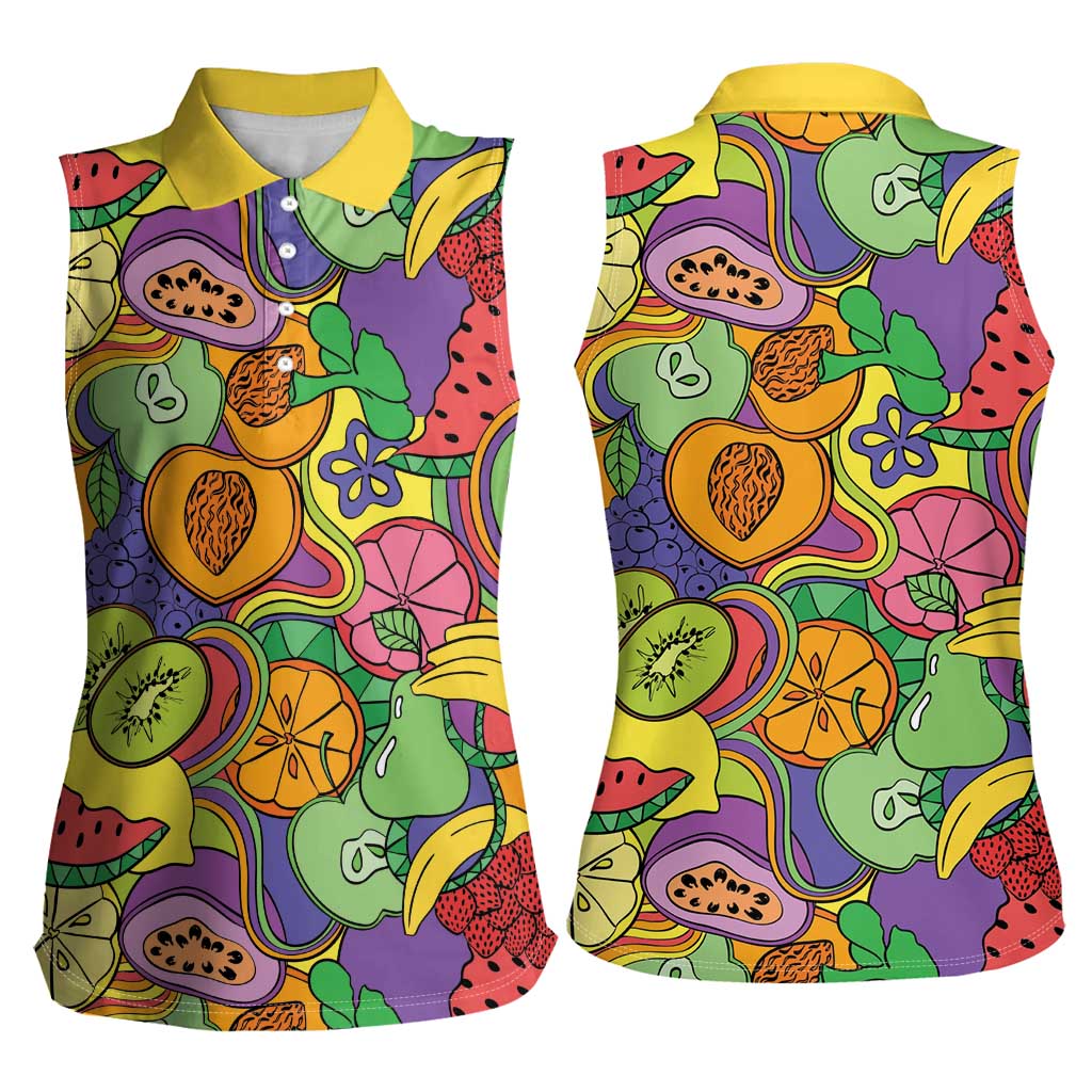 Hawaii Fruits Hippie Style Women Sleeveless Polo Shirt Vibrant Colorful