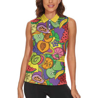 Hawaii Fruits Hippie Style Women Sleeveless Polo Shirt Vibrant Colorful