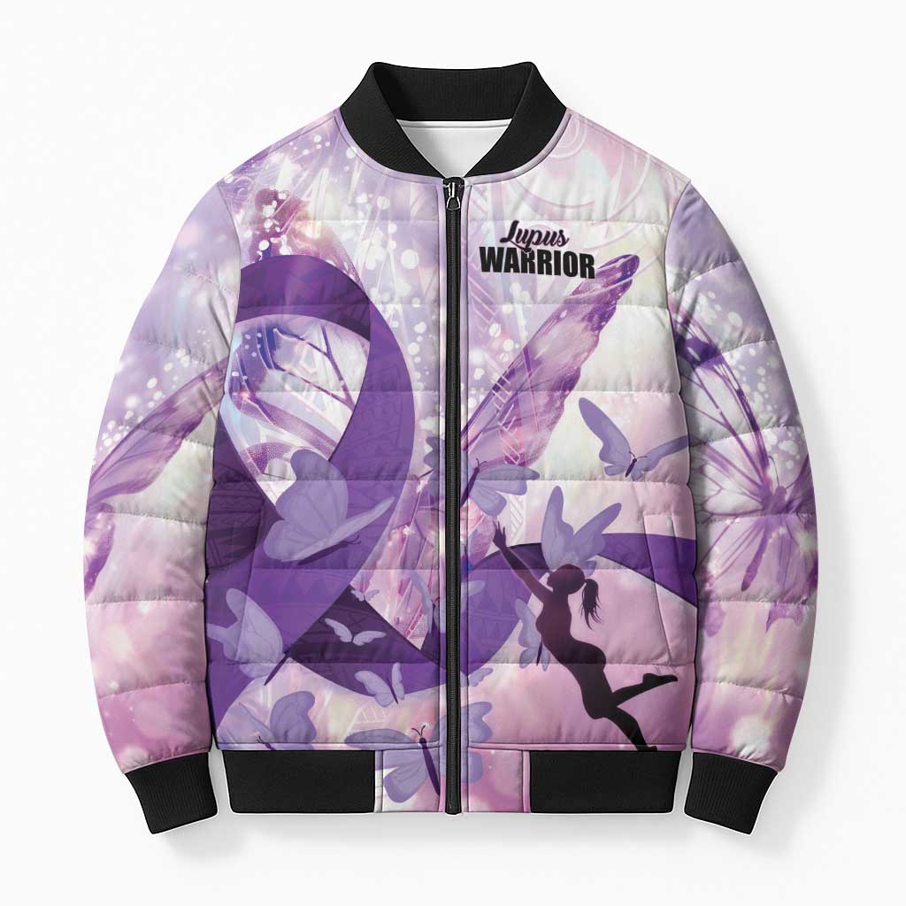 Personalized Polynesian Lupus Awareness Bomber Puffer Jacket Butterfly Hologram Lupus Warrior