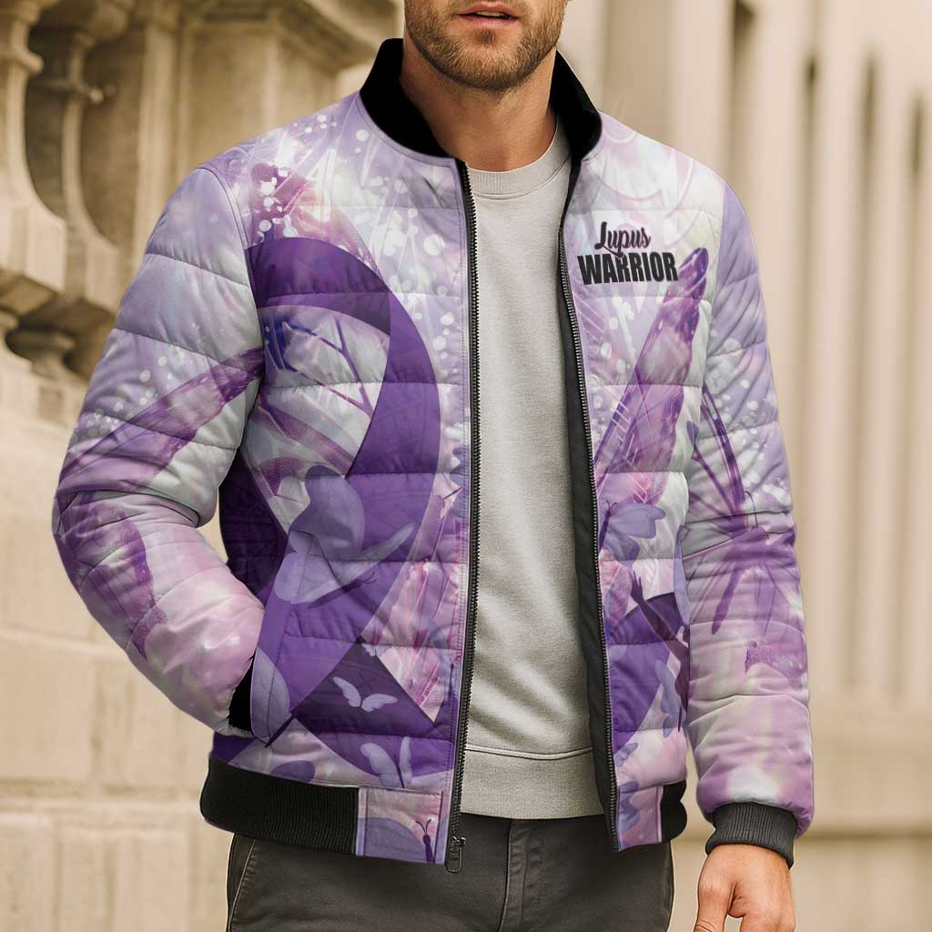 Personalized Polynesian Lupus Awareness Bomber Puffer Jacket Butterfly Hologram Lupus Warrior