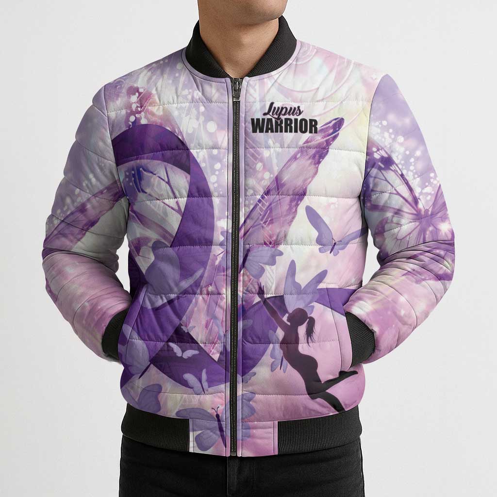 Personalized Polynesian Lupus Awareness Bomber Puffer Jacket Butterfly Hologram Lupus Warrior