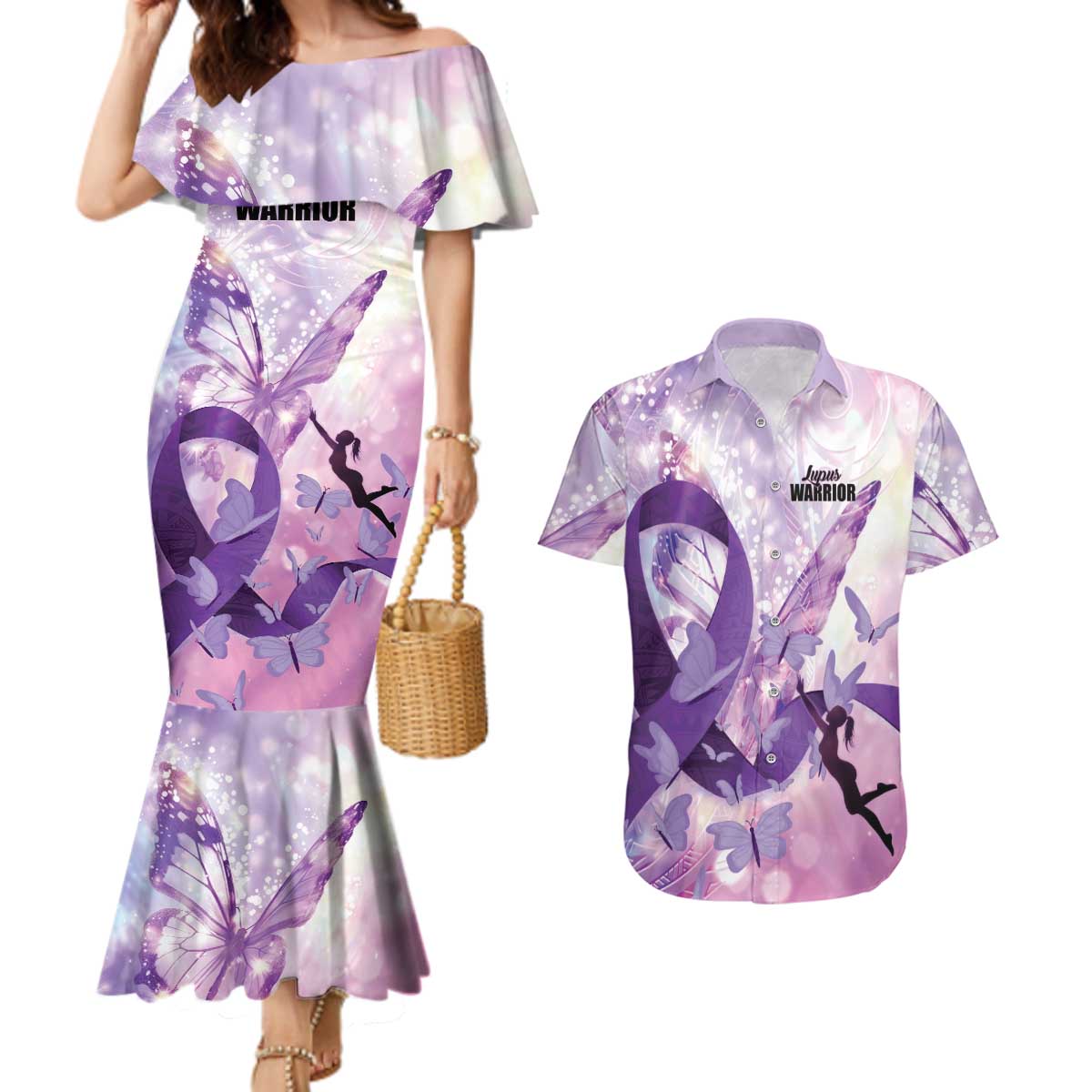 Personalized Polynesian Lupus Awareness Couples Matching Mermaid Dress and Hawaiian Shirt Butterfly Hologram Lupus Warrior