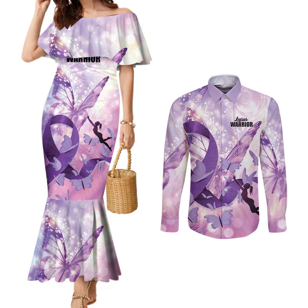 Personalized Polynesian Lupus Awareness Couples Matching Mermaid Dress and Long Sleeve Button Shirt Butterfly Hologram Lupus Warrior
