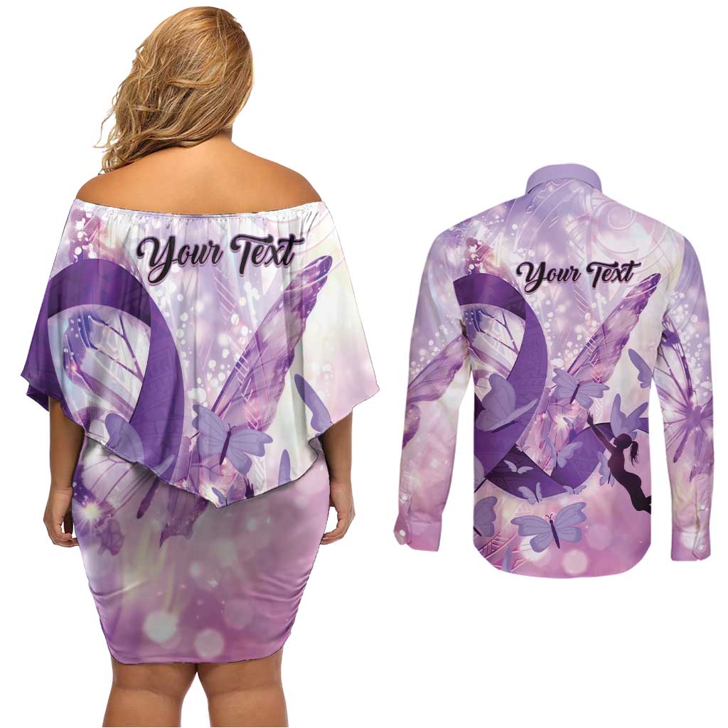 Personalized Polynesian Lupus Awareness Couples Matching Off Shoulder Short Dress and Long Sleeve Button Shirt Butterfly Hologram Lupus Warrior