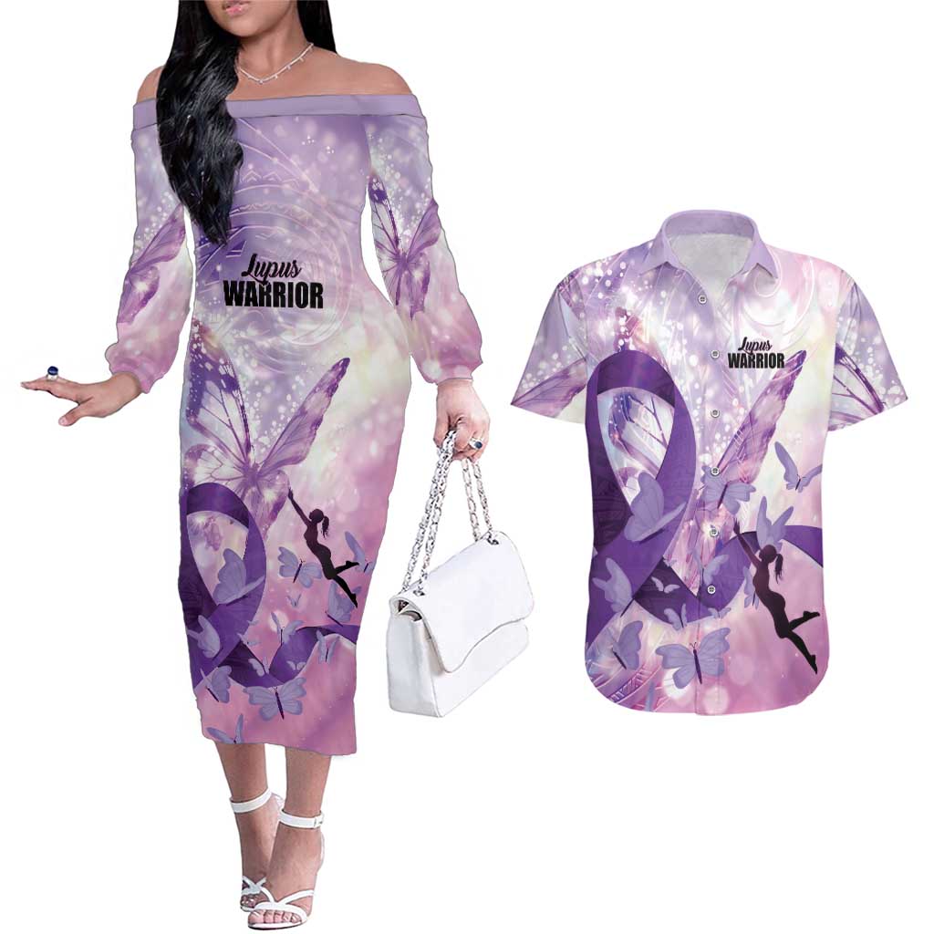 Personalized Polynesian Lupus Awareness Couples Matching Off The Shoulder Long Sleeve Dress and Hawaiian Shirt Butterfly Hologram Lupus Warrior
