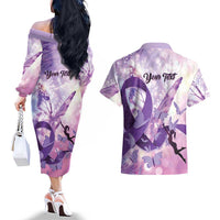 Personalized Polynesian Lupus Awareness Couples Matching Off The Shoulder Long Sleeve Dress and Hawaiian Shirt Butterfly Hologram Lupus Warrior