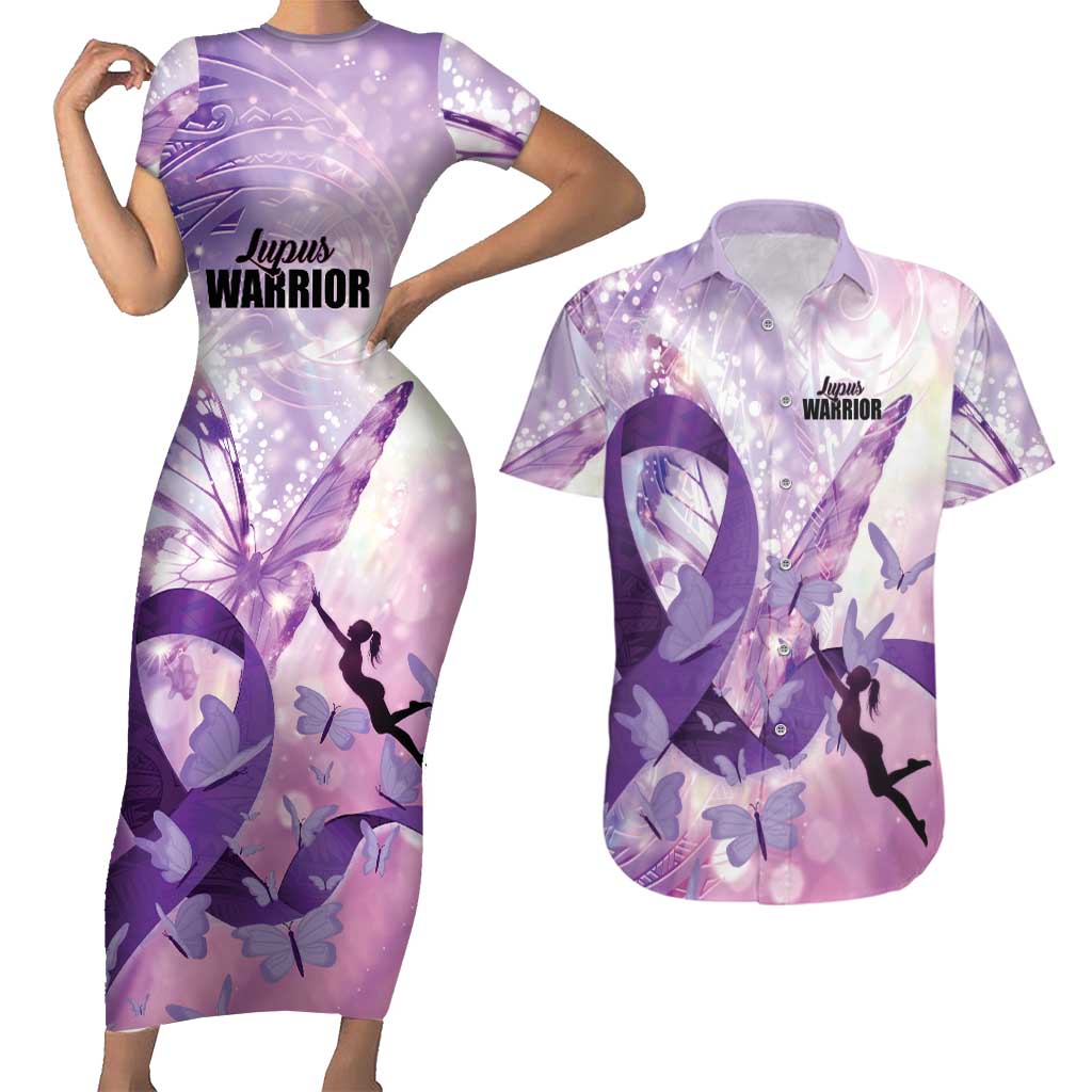 Personalized Polynesian Lupus Awareness Couples Matching Short Sleeve Bodycon Dress and Hawaiian Shirt Butterfly Hologram Lupus Warrior