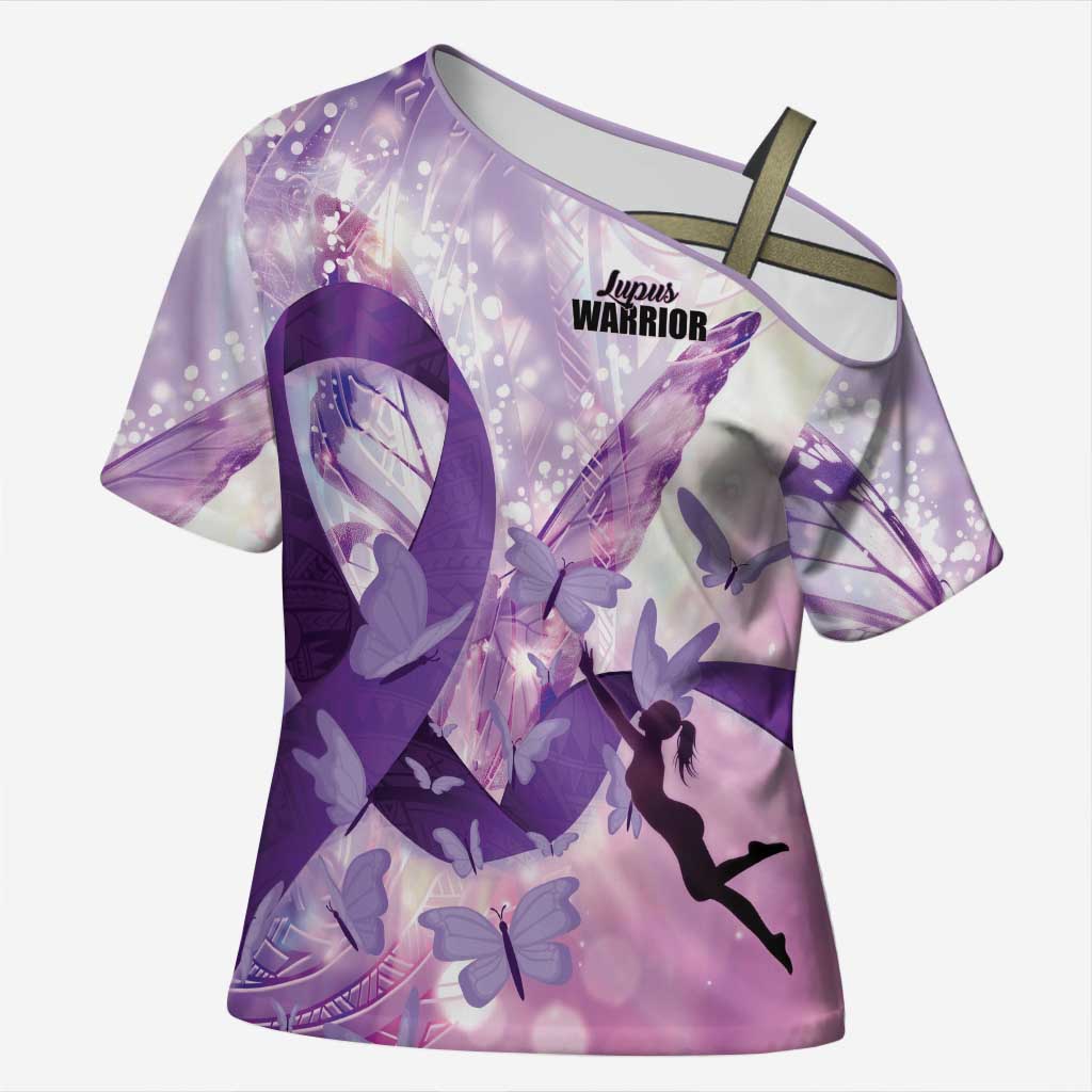 Personalized Polynesian Lupus Awareness Cross Shoulder Shirt Butterfly Hologram Lupus Warrior