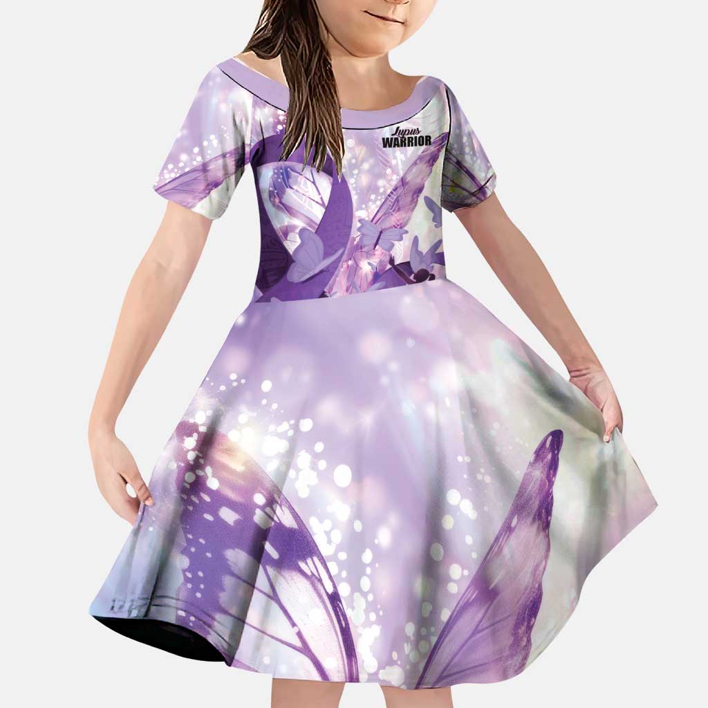 Personalized Polynesian Lupus Awareness Family Matching Off The Shoulder Long Sleeve Dress and Hawaiian Shirt Butterfly Hologram Lupus Warrior LT01 Daughter's Dress Purple - Polynesian Pride