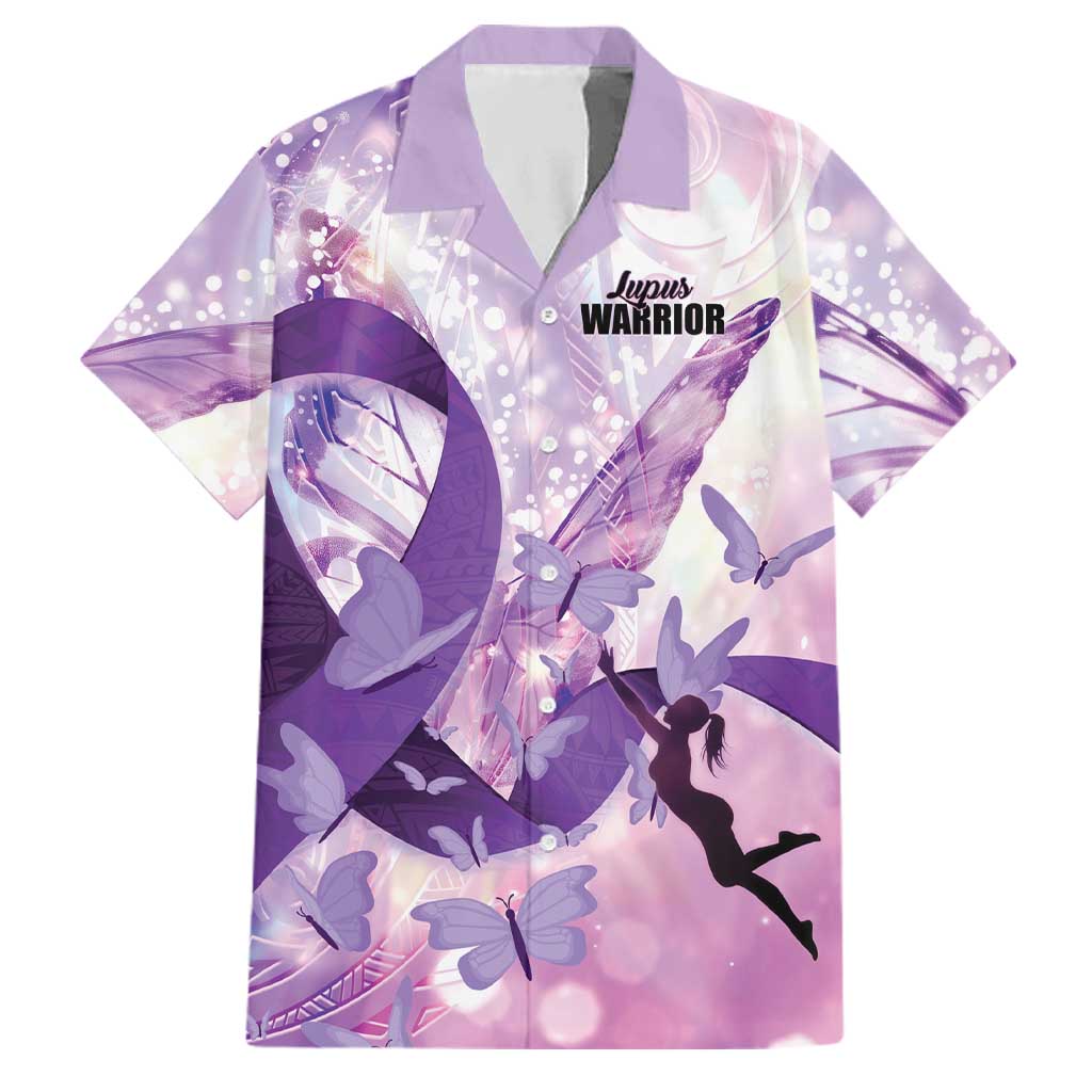 Personalized Polynesian Lupus Awareness Family Matching Off Shoulder Maxi Dress and Hawaiian Shirt Butterfly Hologram Lupus Warrior LT01 Dad's Shirt - Short Sleeve Purple - Polynesian Pride