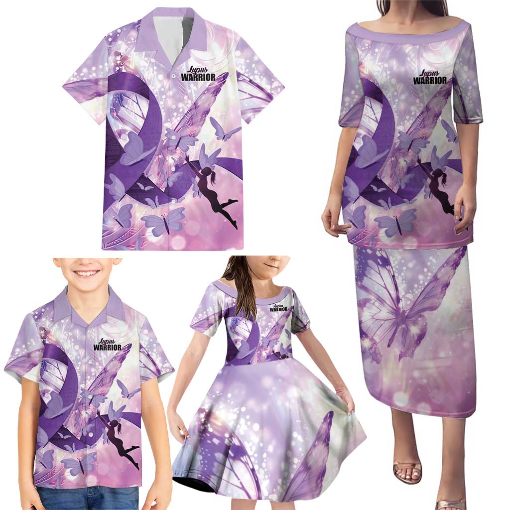 Personalized Polynesian Lupus Awareness Family Matching Puletasi and Hawaiian Shirt Butterfly Hologram Lupus Warrior