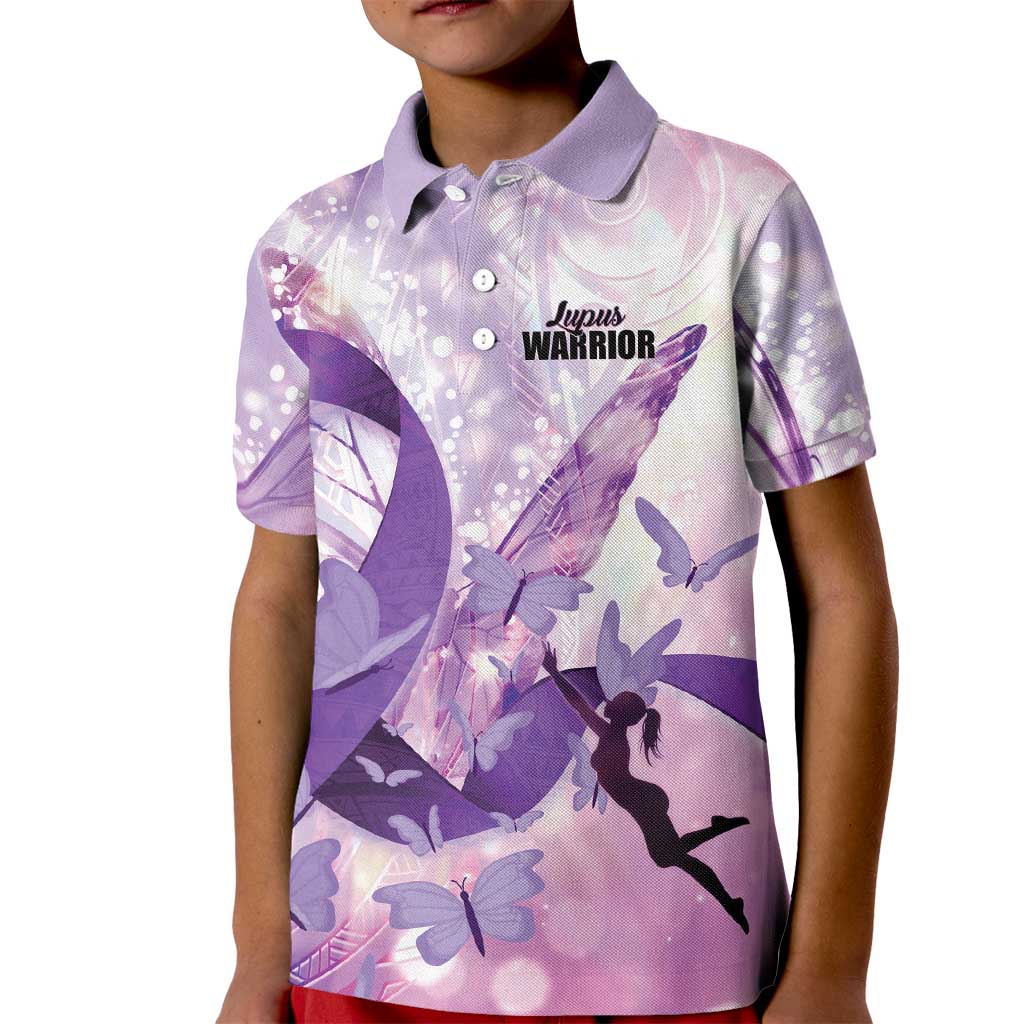 Personalized Polynesian Lupus Awareness Kid Polo Shirt Butterfly Hologram Lupus Warrior