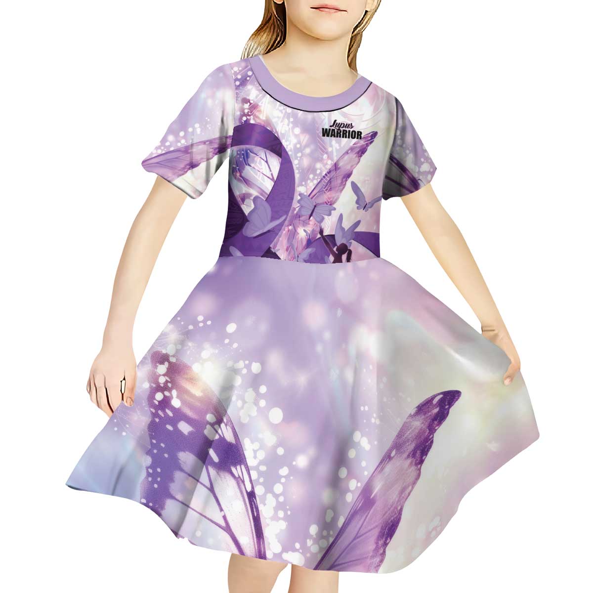 Personalized Polynesian Lupus Awareness Kid Short Sleeve Dress Butterfly Hologram Lupus Warrior