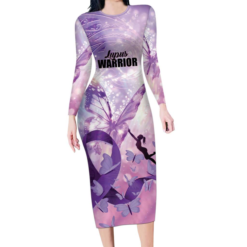 Personalized Polynesian Lupus Awareness Long Sleeve Bodycon Dress Butterfly Hologram Lupus Warrior