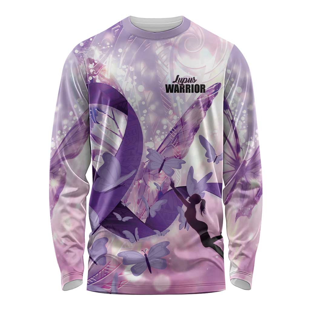 Personalized Polynesian Lupus Awareness Long Sleeve Shirt Butterfly Hologram Lupus Warrior
