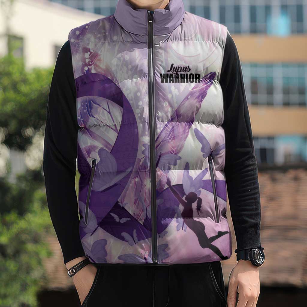 Personalized Polynesian Lupus Awareness Sleeveless Puffer Jacket Butterfly Hologram Lupus Warrior