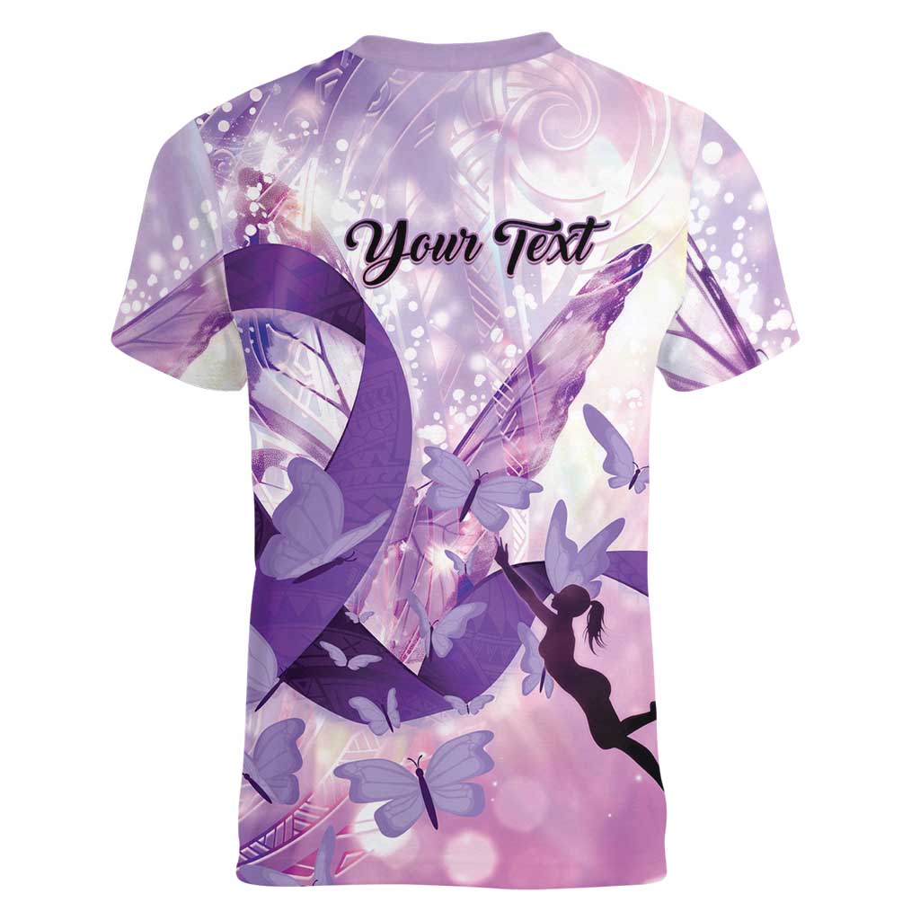 Personalized Polynesian Lupus Awareness Women V-Neck T-Shirt Butterfly Hologram Lupus Warrior