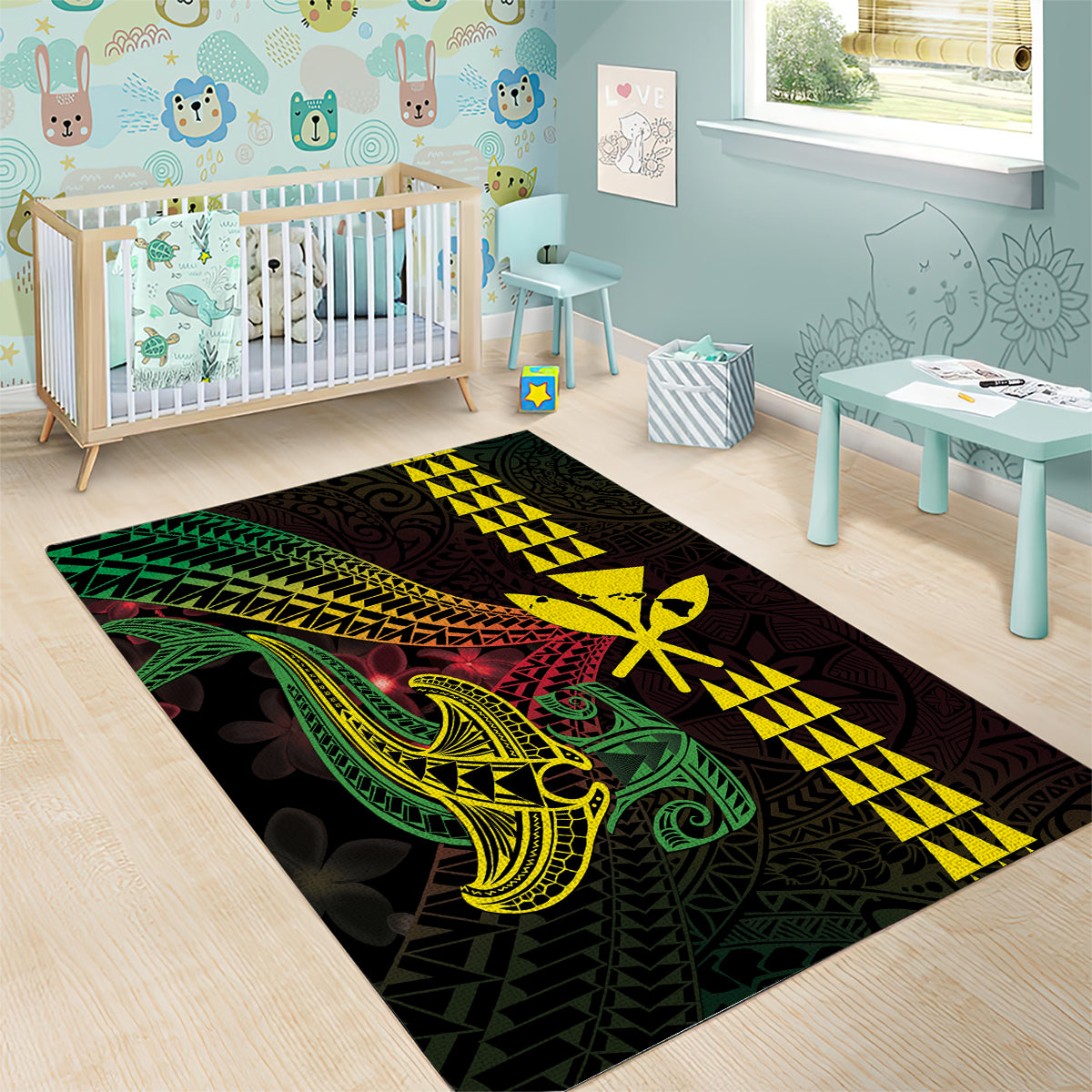 Hawaii Kakau Hammerhead Shark Area Rug Neon Plumeria Pattern