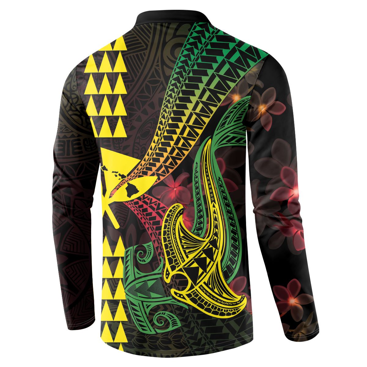 Hawaii Kakau Hammerhead Shark Button Sweatshirt Neon Plumeria Pattern