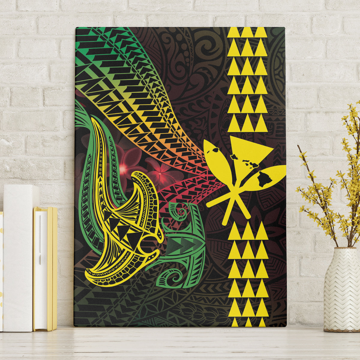 Hawaii Kakau Hammerhead Shark Canvas Wall Art Neon Plumeria Pattern