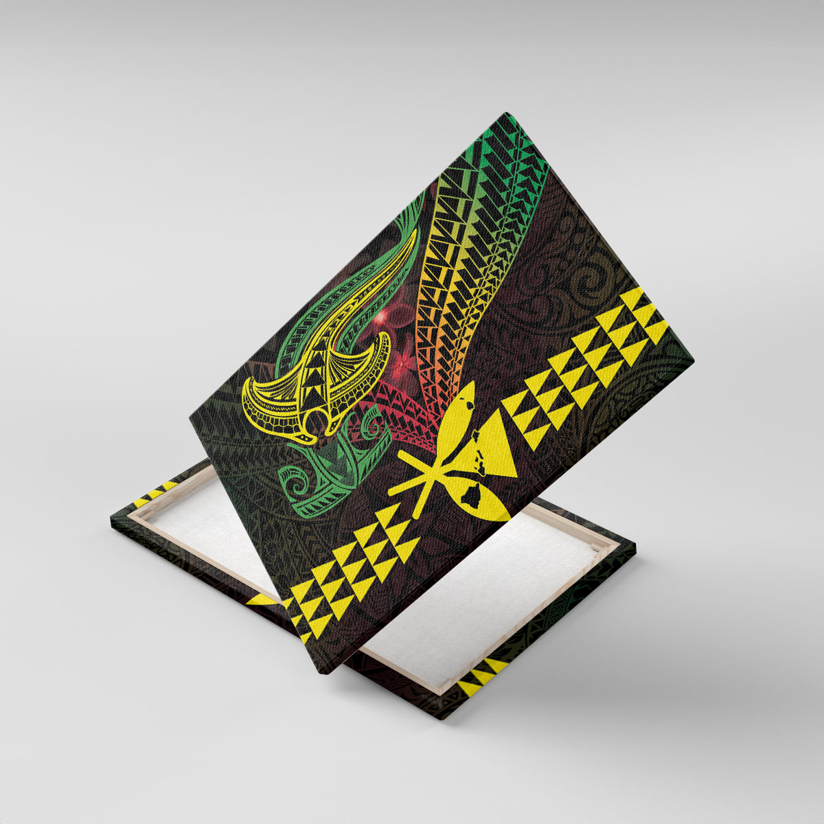 Hawaii Kakau Hammerhead Shark Canvas Wall Art Neon Plumeria Pattern