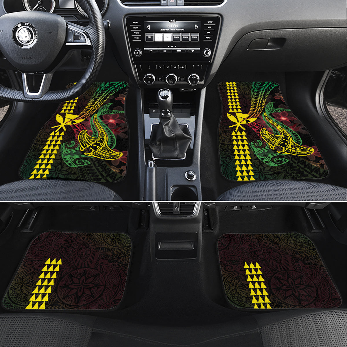 Hawaii Kakau Hammerhead Shark Car Mats Neon Plumeria Pattern