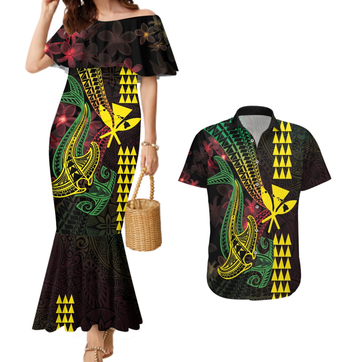 Hawaii Kakau Hammerhead Shark Couples Matching Mermaid Dress and Hawaiian Shirt Neon Plumeria Pattern