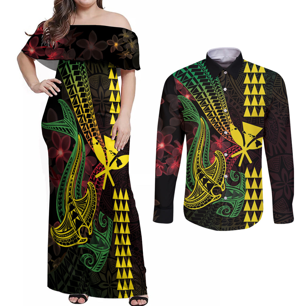Hawaii Kakau Hammerhead Shark Couples Matching Off Shoulder Maxi Dress and Long Sleeve Button Shirt Neon Plumeria Pattern