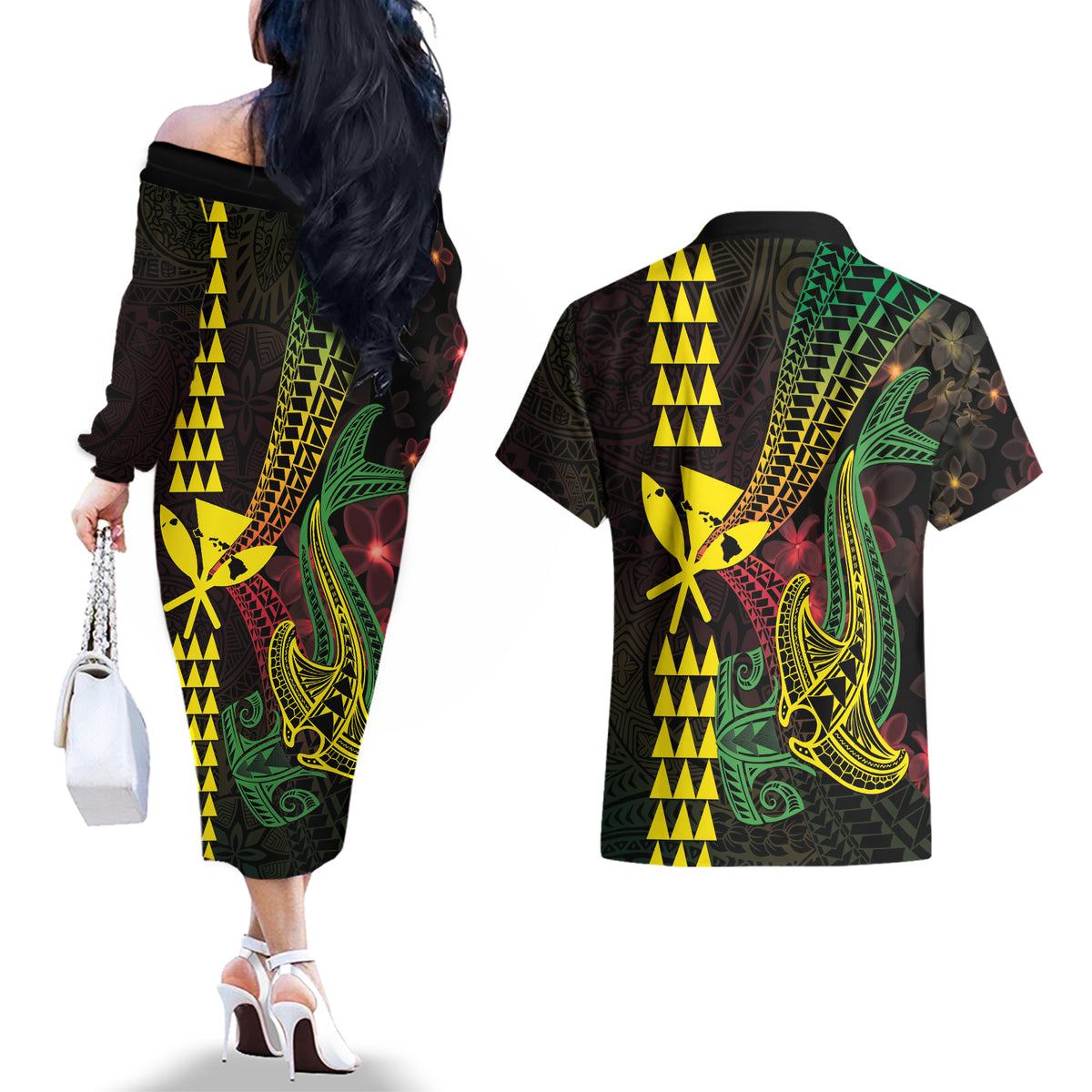 Hawaii Kakau Hammerhead Shark Couples Matching Off The Shoulder Long Sleeve Dress and Hawaiian Shirt Neon Plumeria Pattern