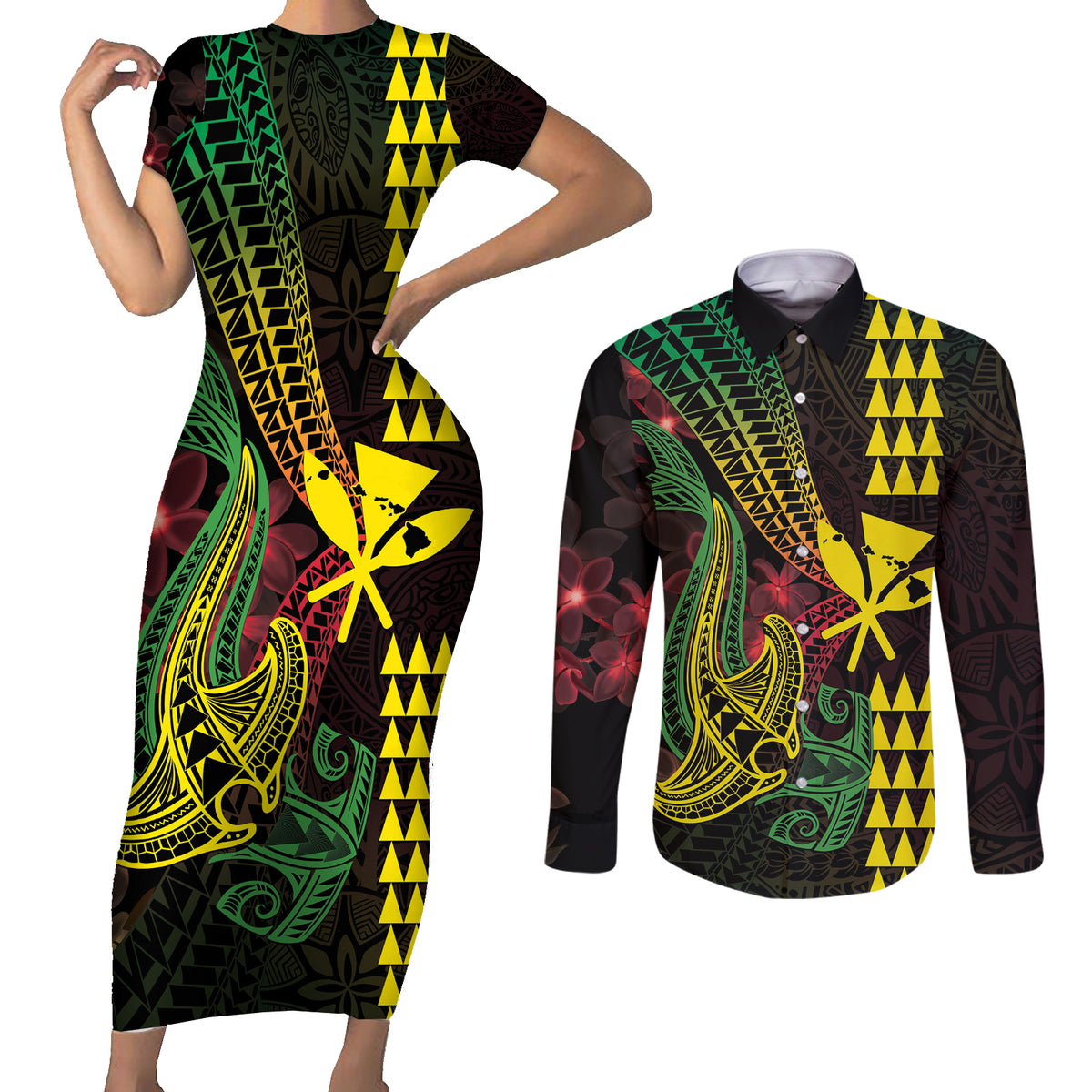 Hawaii Kakau Hammerhead Shark Couples Matching Short Sleeve Bodycon Dress and Long Sleeve Button Shirt Neon Plumeria Pattern