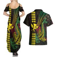 Hawaii Kakau Hammerhead Shark Couples Matching Summer Maxi Dress and Hawaiian Shirt Neon Plumeria Pattern