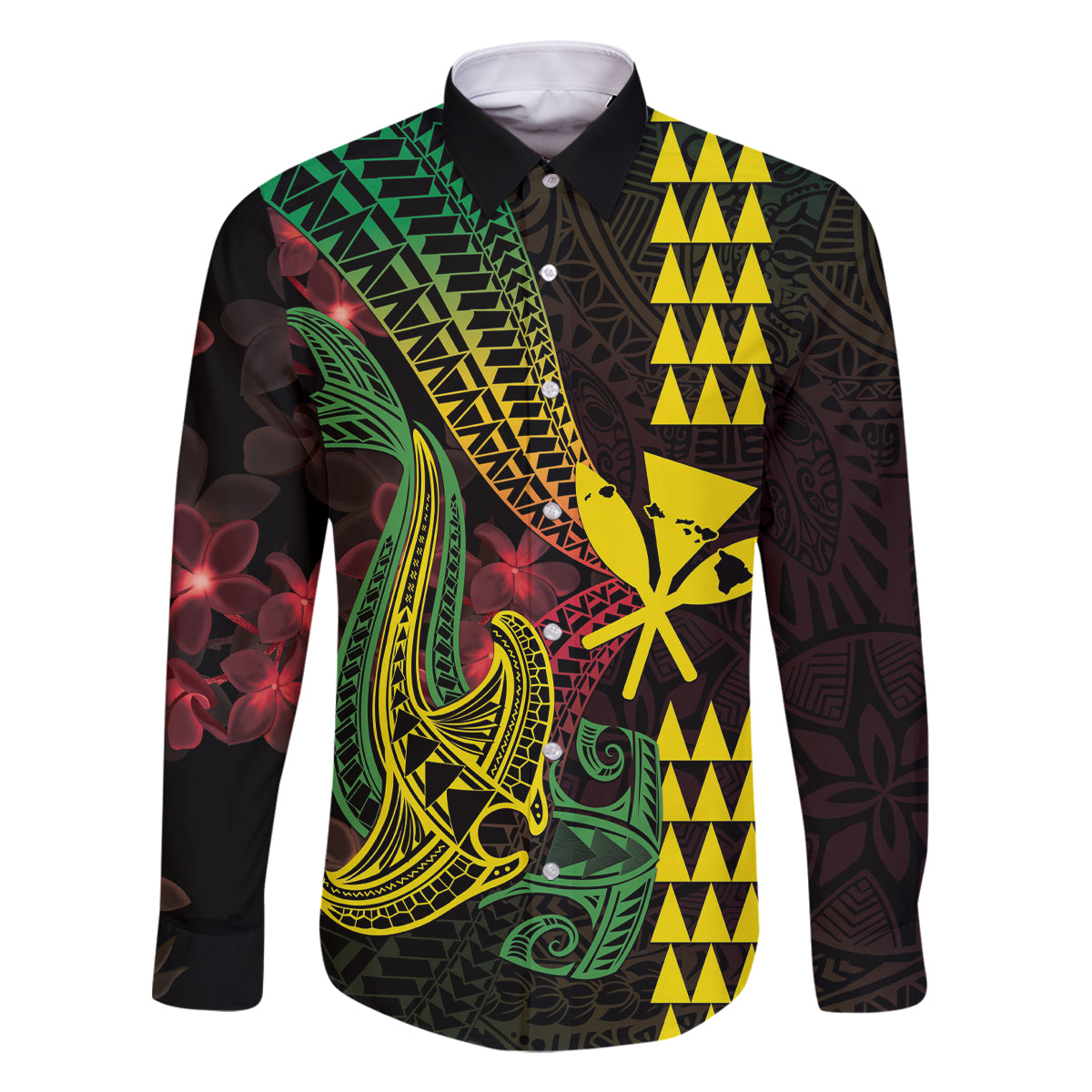 Hawaii Kakau Hammerhead Shark Family Matching Off The Shoulder Long Sleeve Dress and Hawaiian Shirt Neon Plumeria Pattern