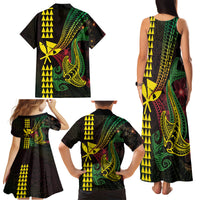 Hawaii Kakau Hammerhead Shark Family Matching Tank Maxi Dress and Hawaiian Shirt Neon Plumeria Pattern