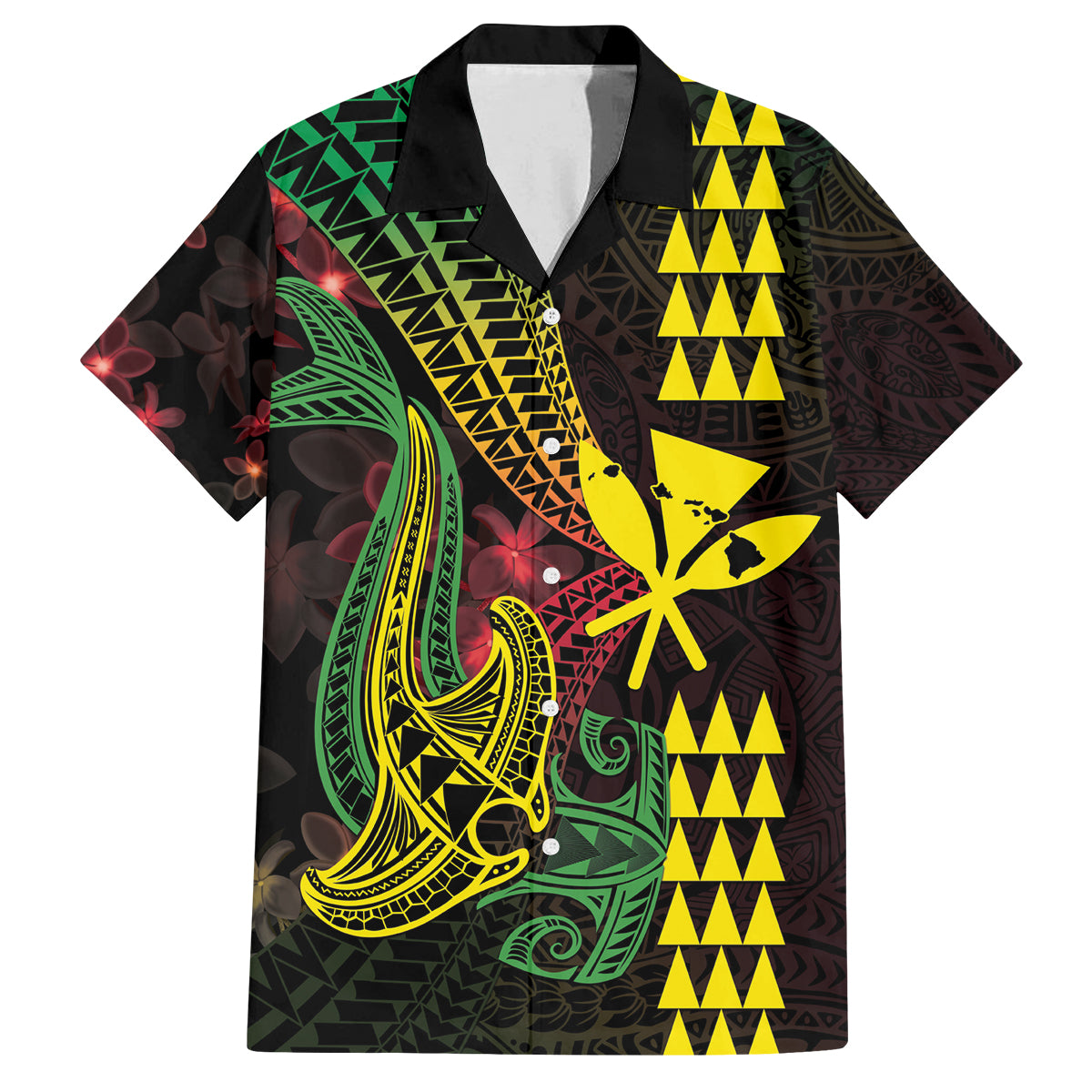 Hawaii Kakau Hammerhead Shark Family Matching Tank Maxi Dress and Hawaiian Shirt Neon Plumeria Pattern